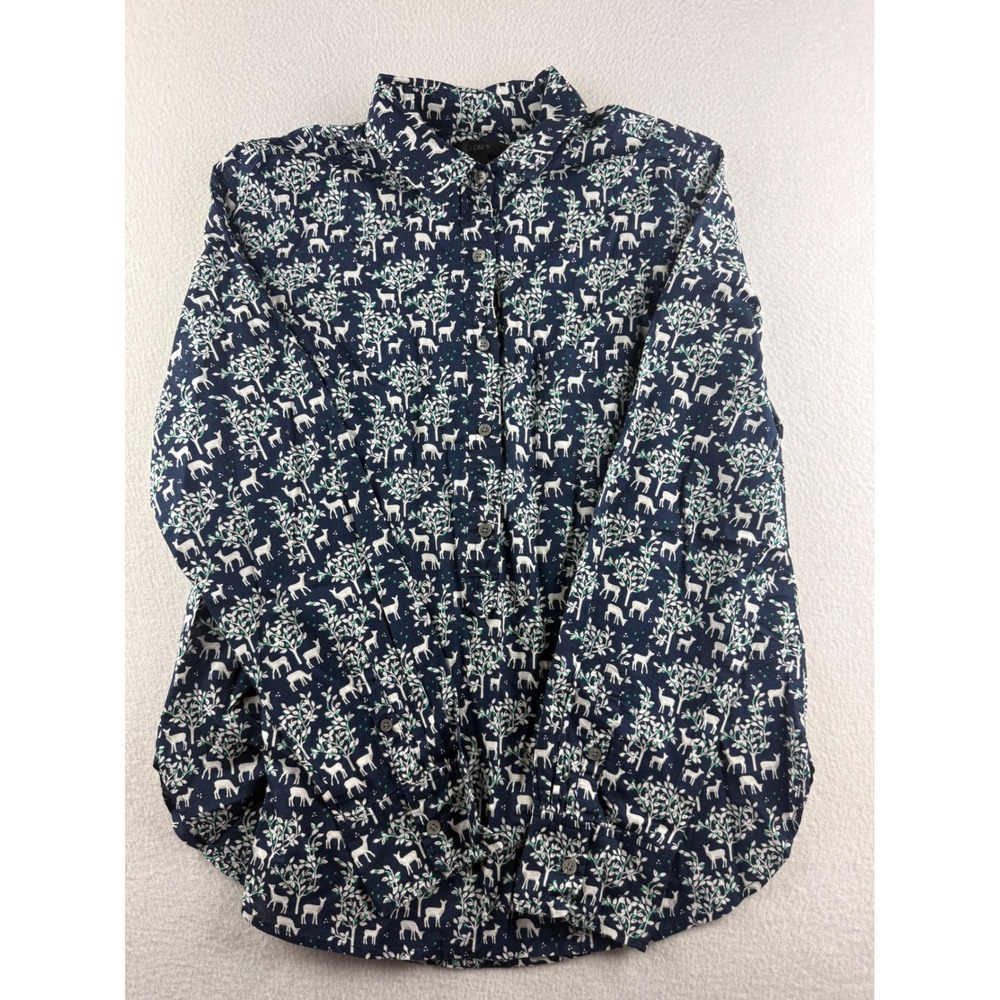 J.Crew Womens Navy Blue Deer Woodland Print Button Down Shirt Size 8 Long Sleeve